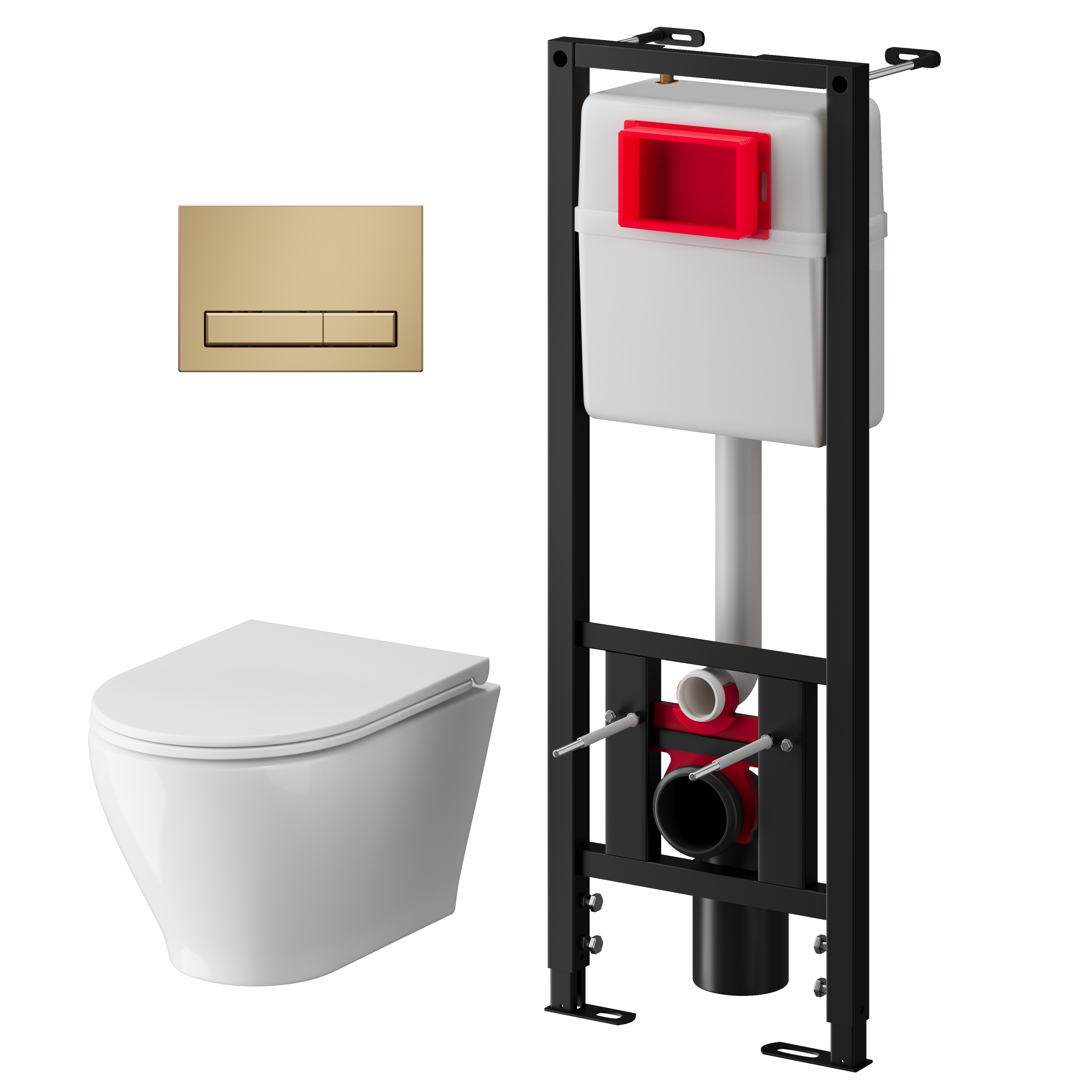Набор инсталляции 40 см АНИ Пласт WN4 1455 Breeze с безоботковым унитазом, с сиденьем микролифт, золото матовый клавишей WP1455