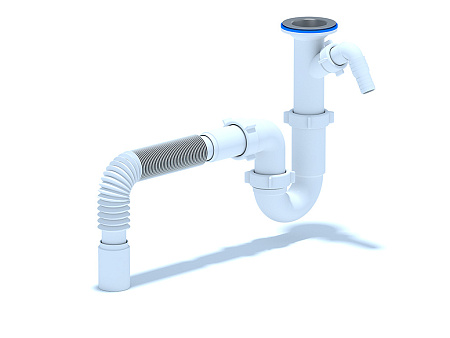 Сифон для мойки АНИ пласт D2005 1 1/2 дюйма 40 мм прямоточный с литым выпуском с отводом для стиральной машины и гибкой трубой 40х40 мм