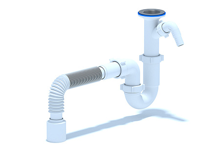 Сифон для мойки АНИ пласт D2010 1 1/2 дюйма 40 мм прямоточный с литым выпуском с отводом для стиральной машины и гибкой трубой 40х50 мм